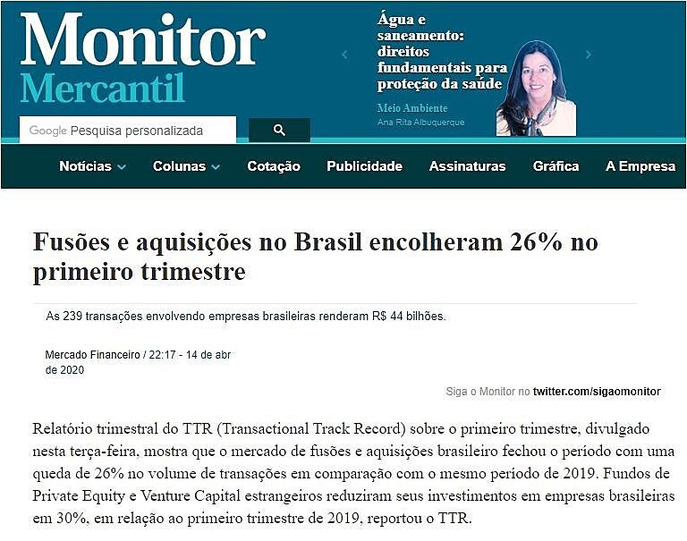 Fuses e aquisies no Brasil encolheram 26% no primeiro trimestre